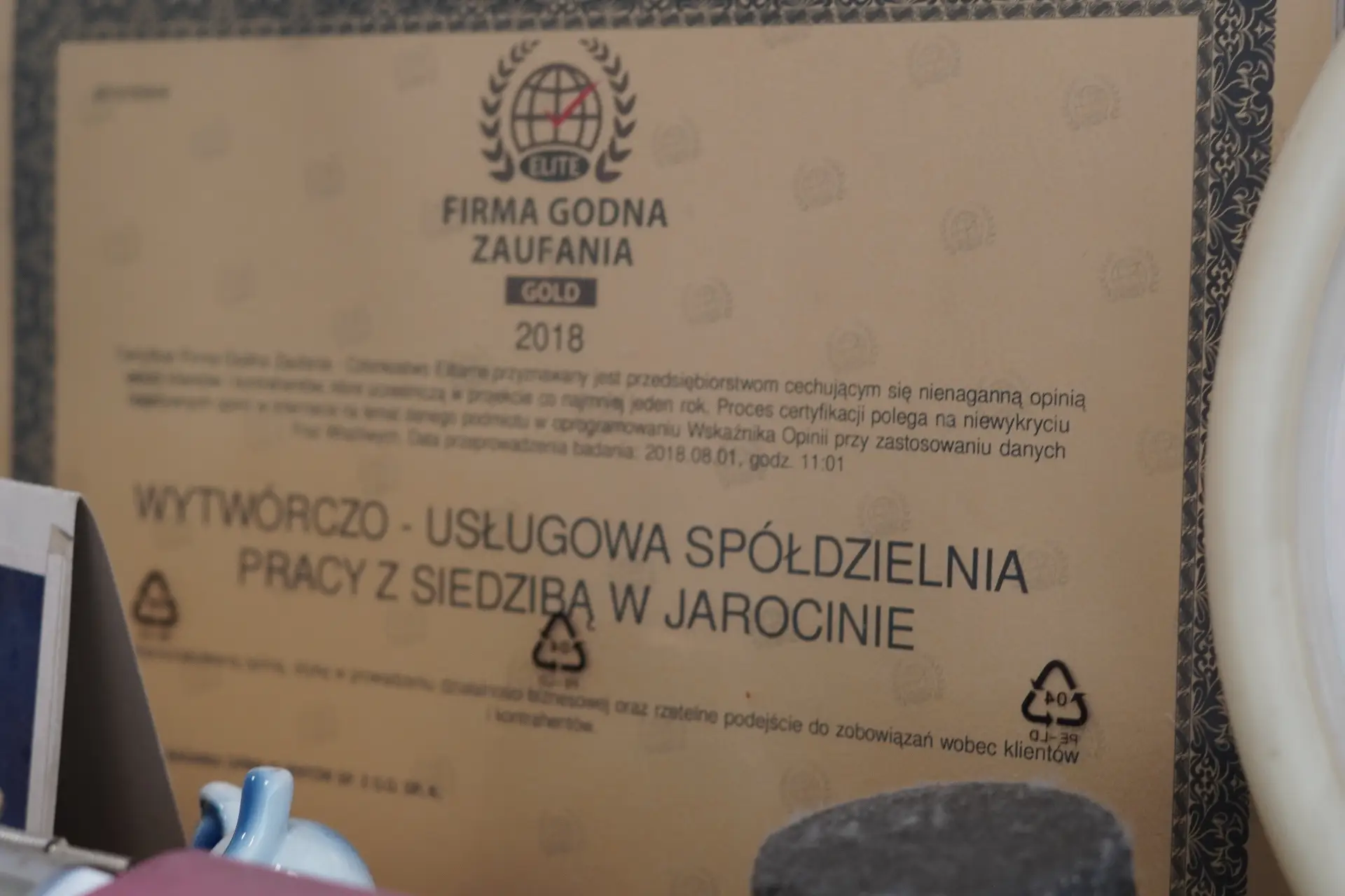 Certyfikat Firma Godna Zaufania z 2018 roku